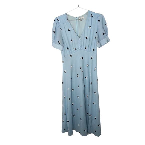 Jason Wu Blue Midi Dress Size 6 Puff Sleeve V-Neck Fruit Print Lightweight - Picture 2 of 14